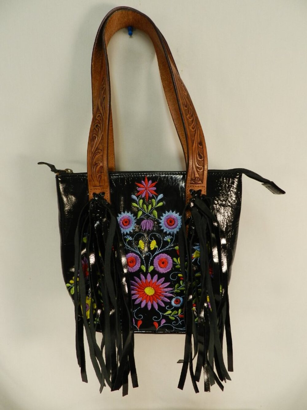 American Darling AD Embroidered fringe zip top shoulder bag purse patent leather